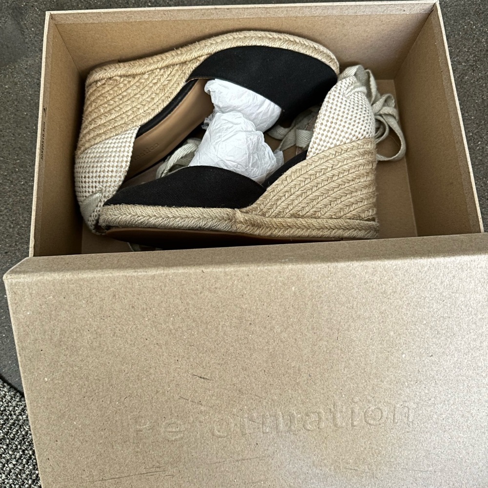 Reformation Camille Black and Cream Espadrille Wedges - Picture 2 of 7